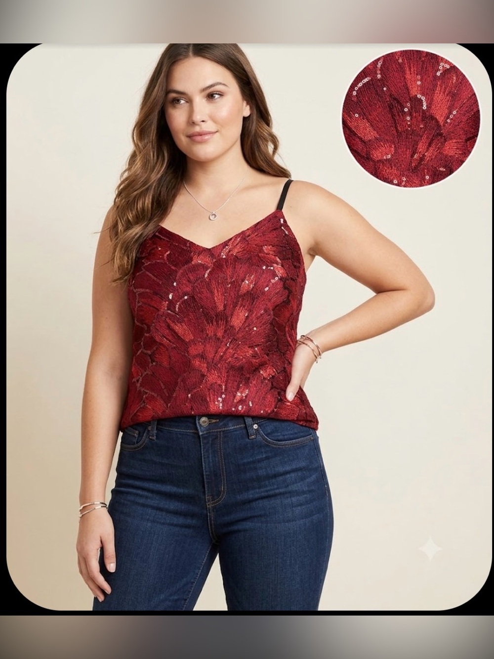 Cranberry Floral Embroidered Sequin Cami Top